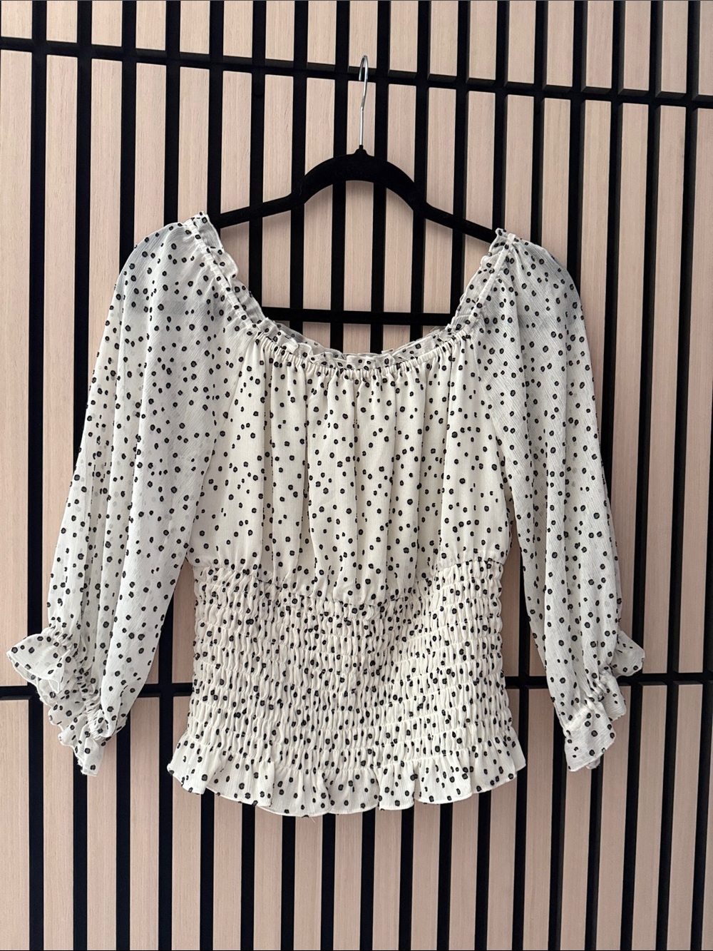 Anthropologie Women’s White Polka Dot Smocked Waist Peasant Top